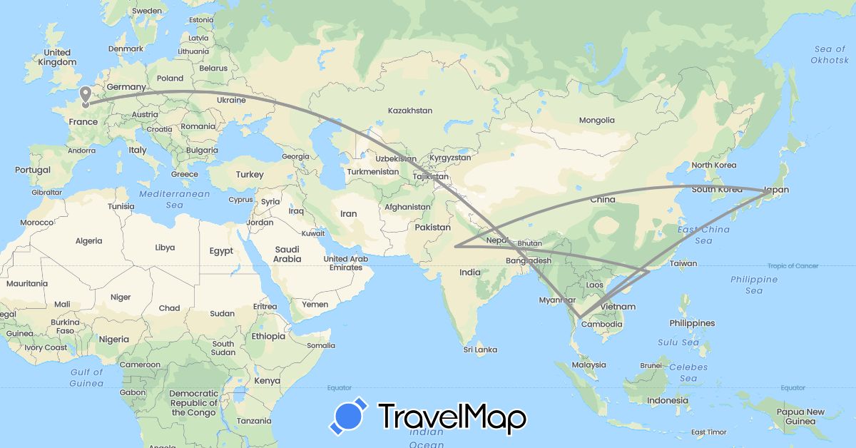 TravelMap itinerary: driving, plane in France, Hong Kong, India, Japan, Thailand (Asia, Europe)